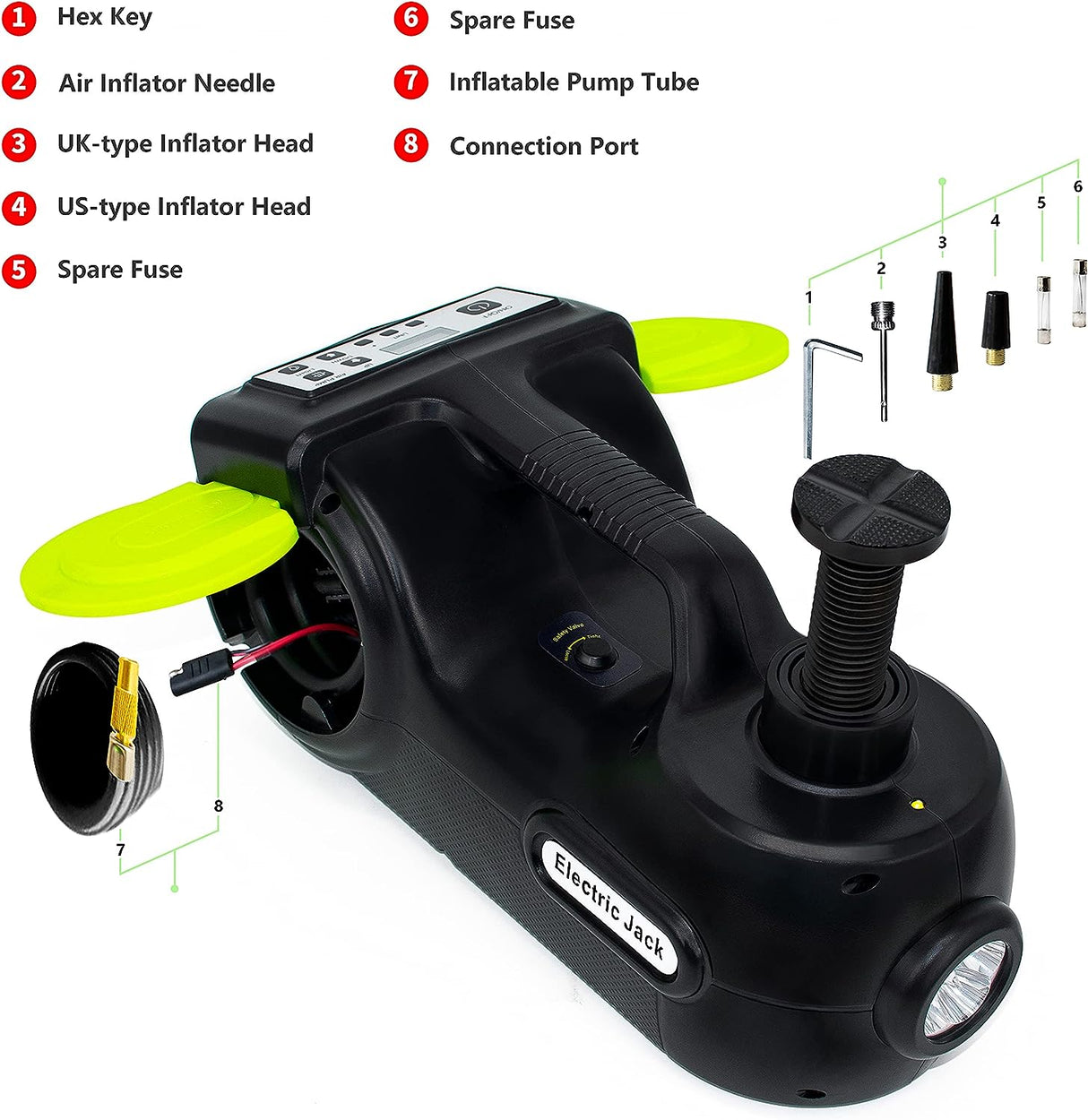E-HEELP Electric Car Jack Kit 5Ton 12V Car Jack Hydraulic (Lifting Range: 6.1-20.86 inch) with Impact Wrench & Inflator for Car SUV Sedan MPV with LCD & Tire Pressure Display