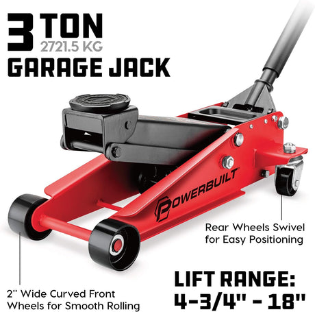 Powerbuilt 3 Ton Garage Jack Car Lift, Dual Piston, Heavy Duty for Car and Truck Vehicles, 8 Pumps to Max Height 18 Inches - Red 620588