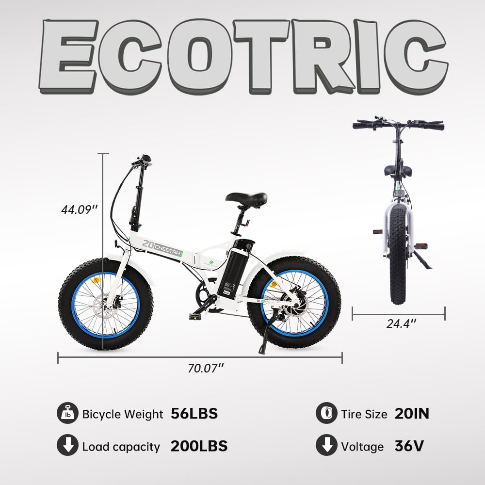 ECOTRIC 20 Inch Fat Tire Foldable 500W 36V Electric Bike Bicycle Pedal Assist Beach City Mountain E-Bike Adults Commuter Women Men White A-E516646