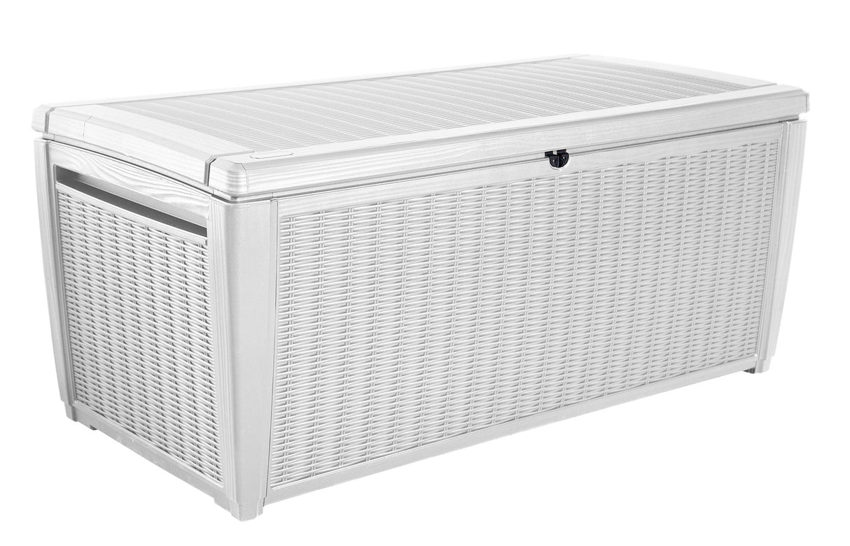 Keter Sumatra Rattan Style 135 Gallon Plastic, Resin and Wicker Deck Box, White