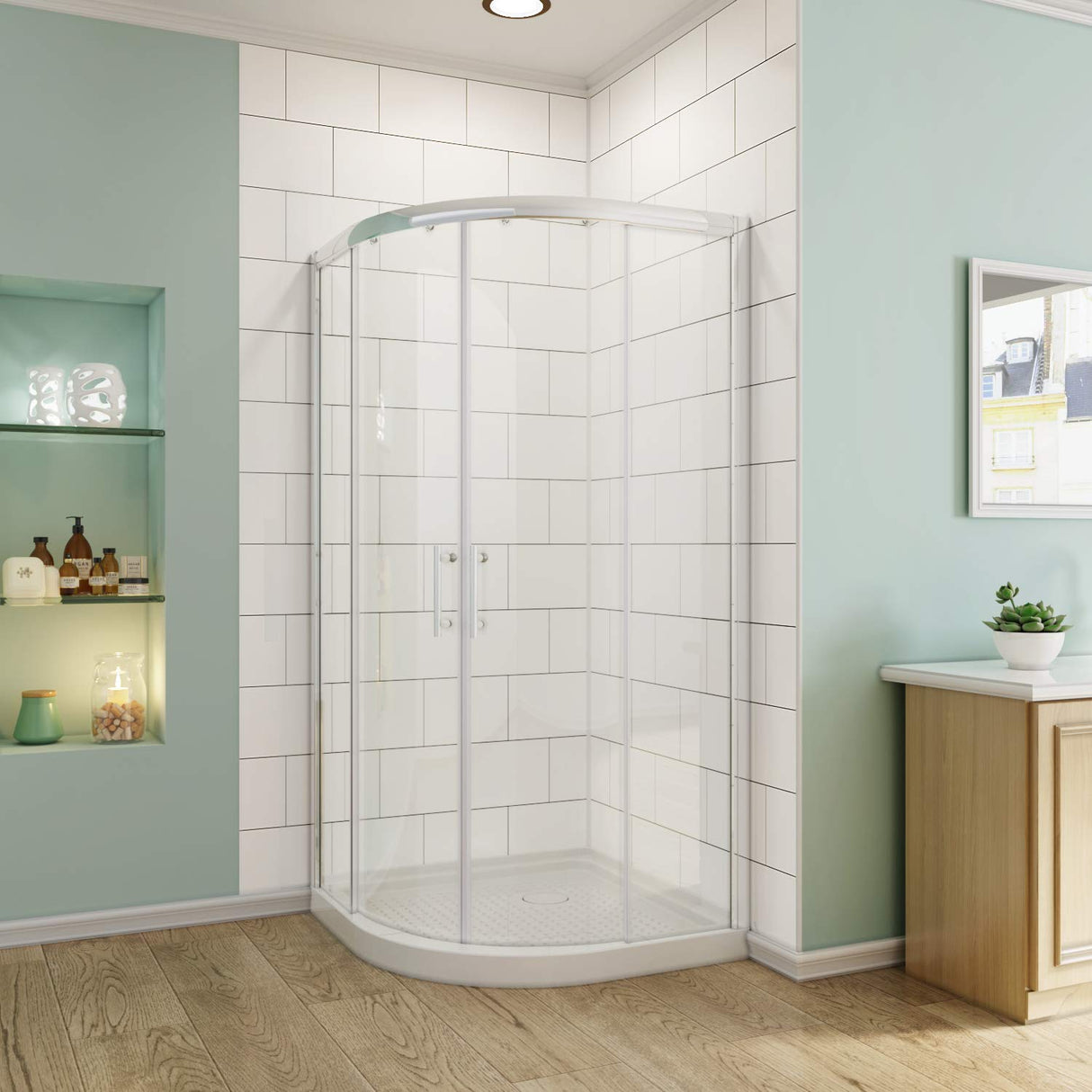 SUNNY SHOWER 37.5 in. W x 37.5 in. D x 72 in. H Chrome Finish Quadrant Enclosures With Sliding Doors And White Quadrant Base