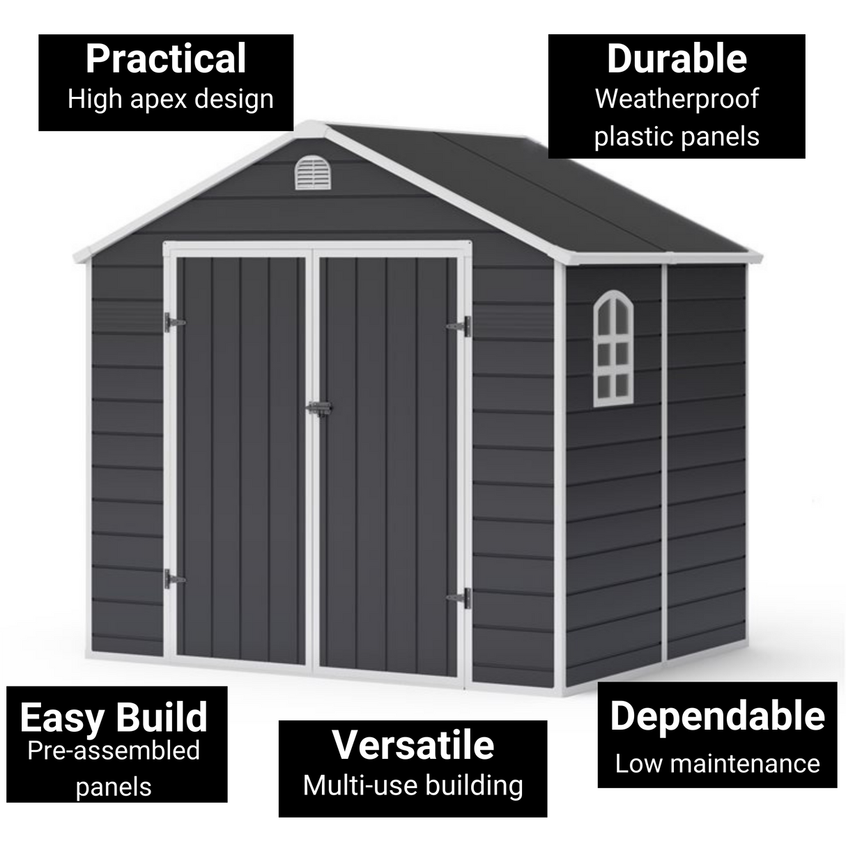 Lotus Sono Apex Plastic Garden Storage Shed Including Foundation Kit Grey - Available In 3 Sizes