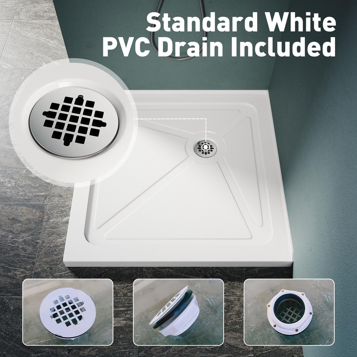 Elegant 34 in. W x 34 in. D x 3 in. H White Corner Drain Square Bases