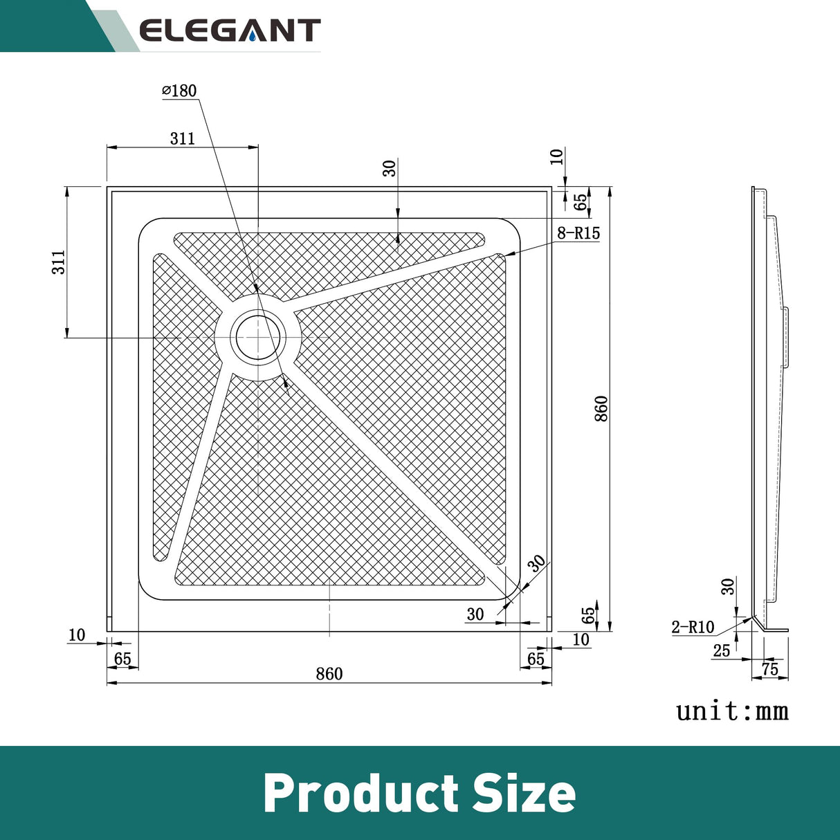 Elegant 34 in. W x 34 in. D x 3 in. H White Corner Drain Square Bases