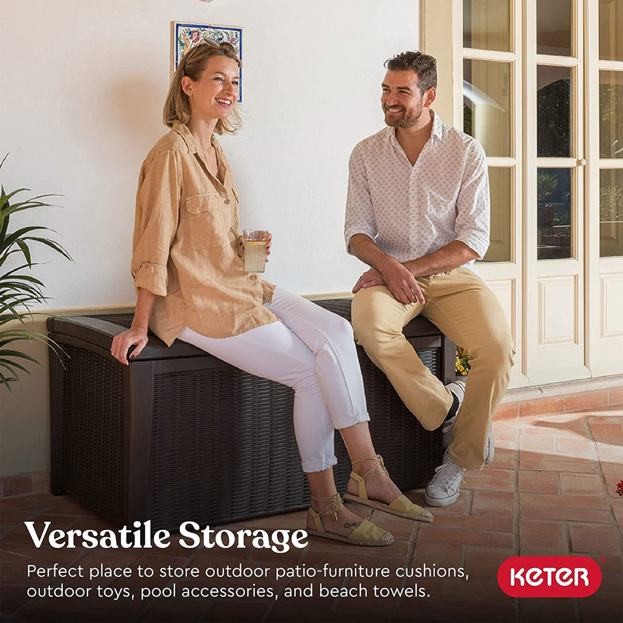 Keter Borneo 110 Gal Rattan Resin Patio Storage Deck Box & Bench (2 Pack)