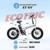 ECOTRIC Folding 20" Fat Tire Electric Bike 500 W Removable Battery Pedal Assist Power A-E516646