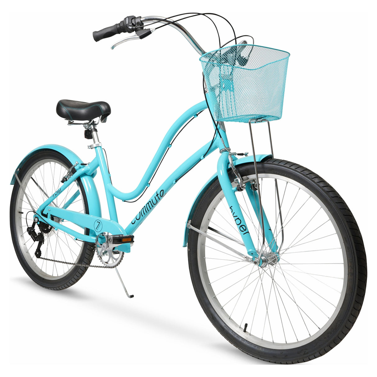 Hyper Bicycle 26" Woman's Commute Bike with Basket, Neon Teal