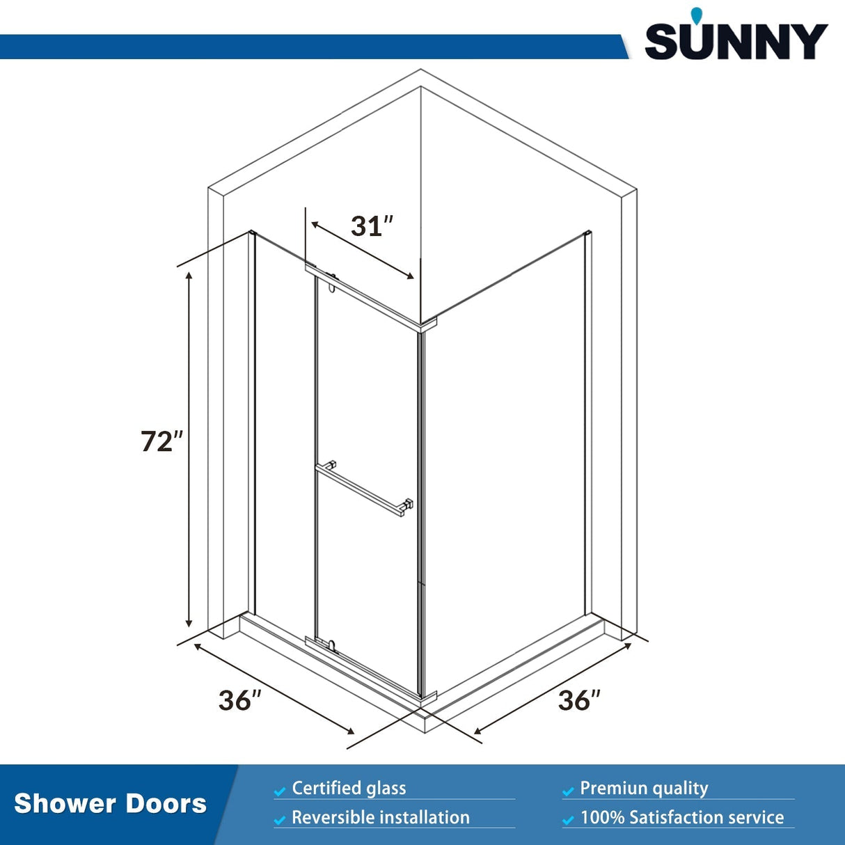 SUNNY SHOWER 36 in. W x 36 in. D x 72 in. H Frameless Chrome Finish Corner Entry Enclosure With Pivot Door And White Square Base