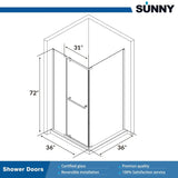 SUNNY SHOWER 36 in. W x 36 in. D x 72 in. H Frameless Chrome Finish Corner Entry Enclosure With Pivot Door And White Square Base