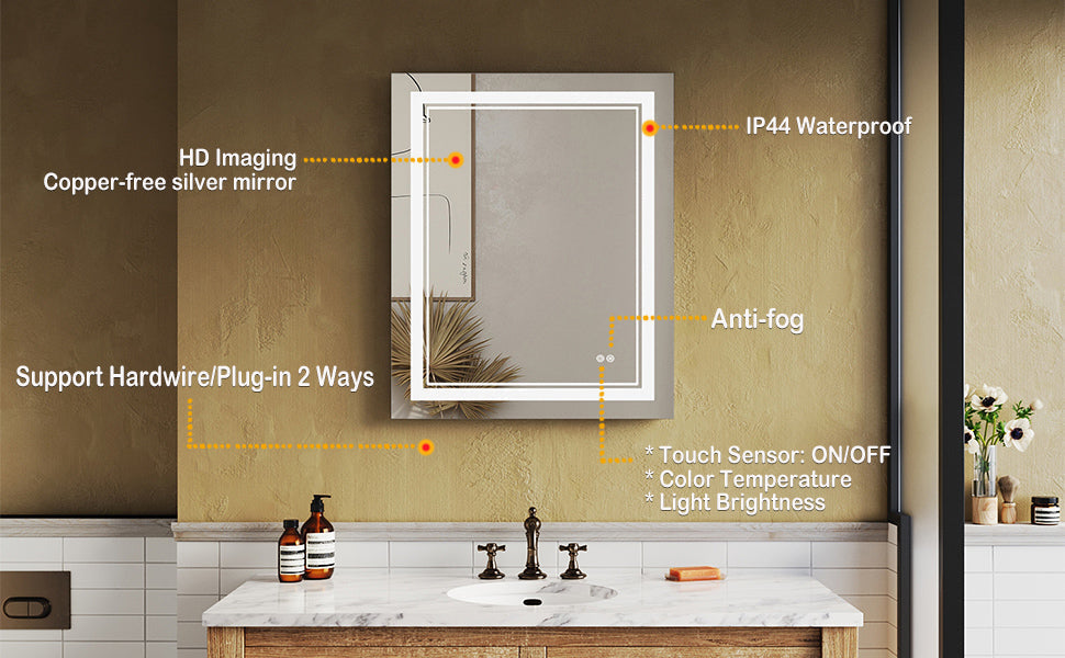 SUNNY SHOWER 28 x 36 in. LED Horizontal Bathroom Mirror With 3 Color Temperature Setting