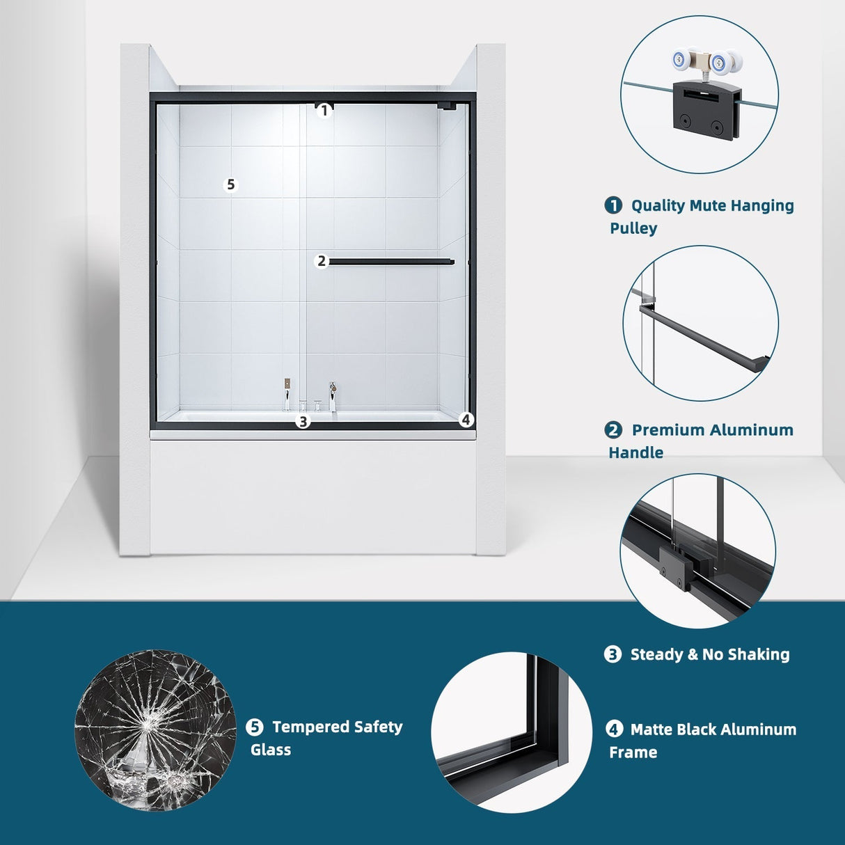 ELEGANT Bathtub Double Sliding Doors 60 in. W x 62 in. H Black Finish