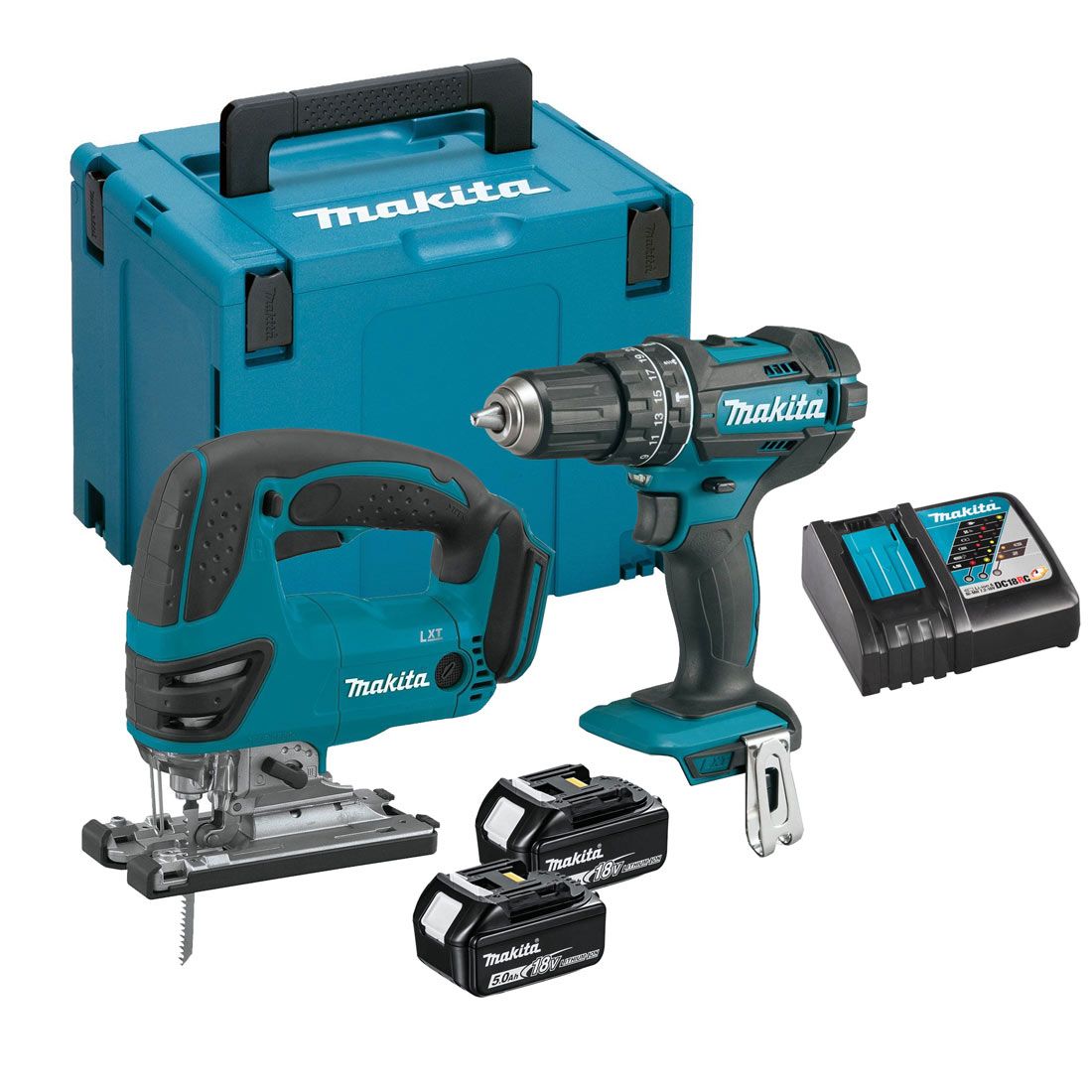 Makita DLX2134TJ 18v LXT Twin Kit DJV180 Jigsaw & DHP482 Combi Drill Inc 2x 5.0Ah Batts