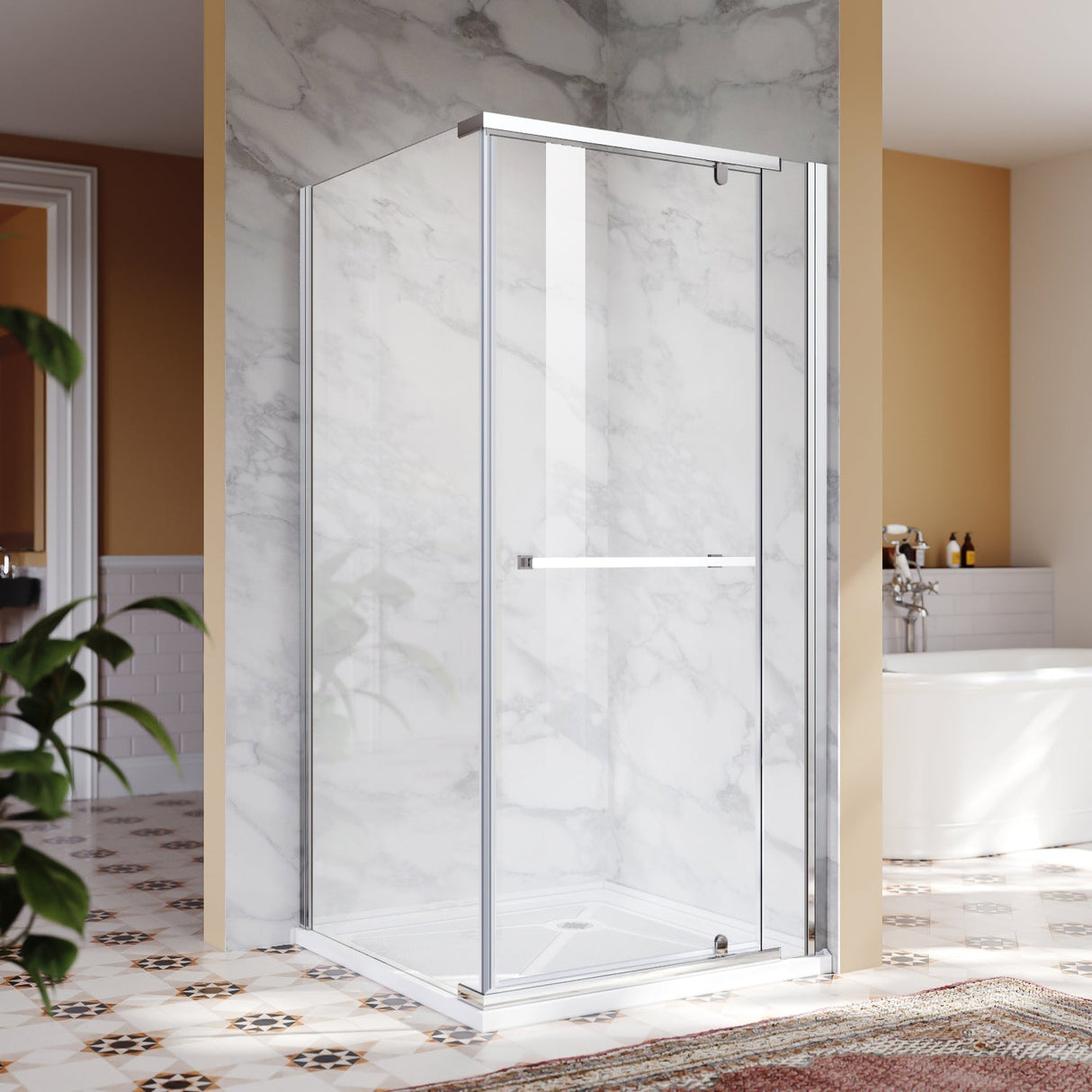 SUNNY SHOWER 36 in. W x 36 in. D x 72 in. H Frameless Chrome Finish Corner Entry Enclosure With Pivot Door And White Square Base
