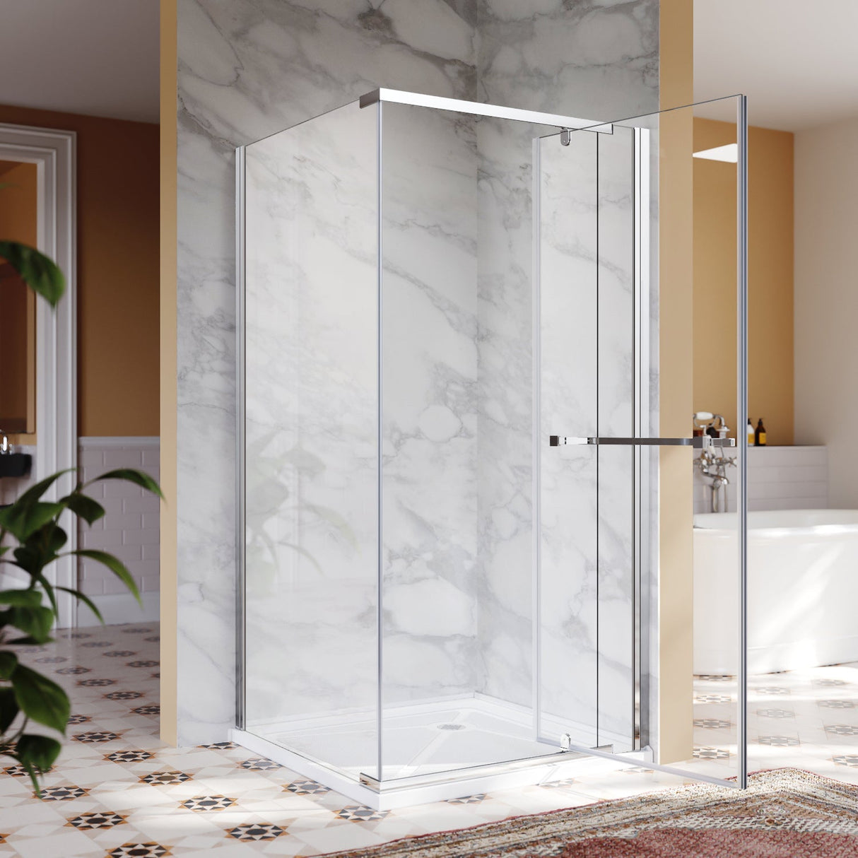 SUNNY SHOWER 36 in. W x 36 in. D x 72 in. H Frameless Chrome Finish Corner Entry Enclosure With Pivot Door And White Square Base