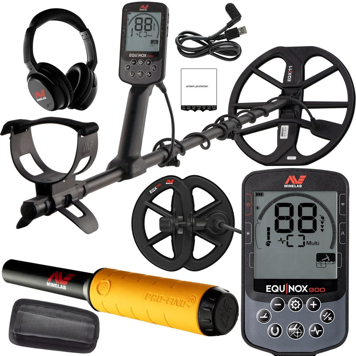 Minelab Equinox 900 Waterproof Multi-Frequency Metal Detector with 11" and 6" DD Coils and Pro-Find 20 Pinpointer