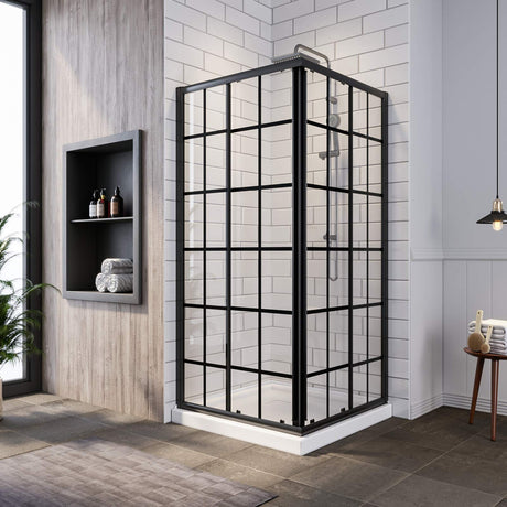SUNNY SHOWER 36 in. W x 36 in. D x 72 in. H Black Finish Corner Entry Enclosure With Sliding Doors And White Square Base