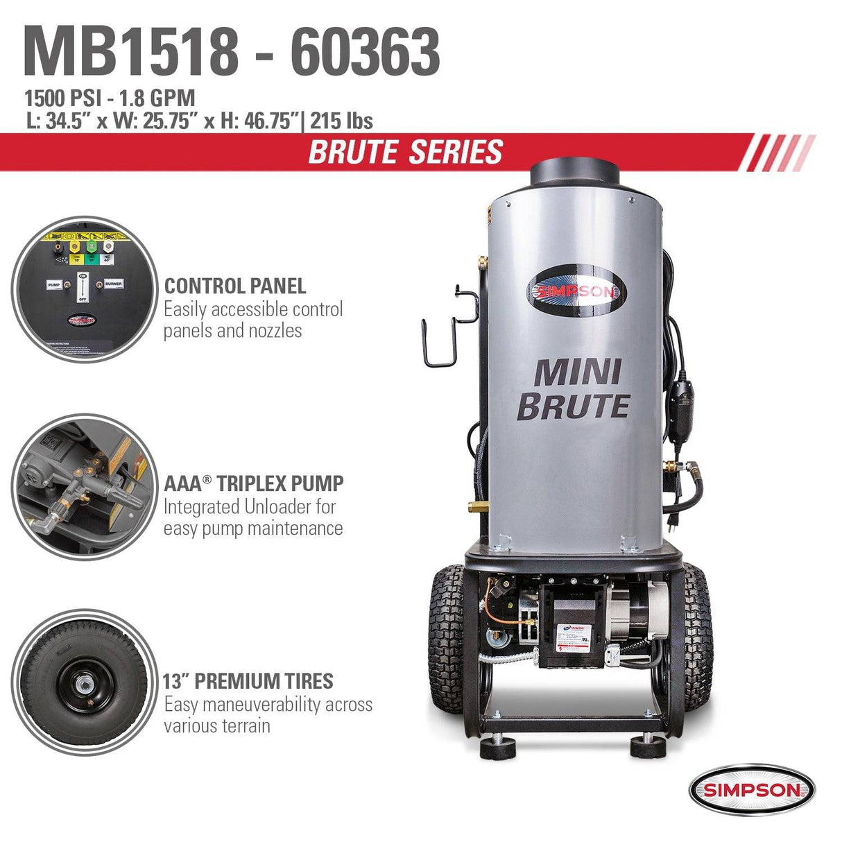SIMPSON Mini Brute 1500 PSI at 1.8 GPM with Triplex Pump Hot Water Professional Electric Pressure Washer